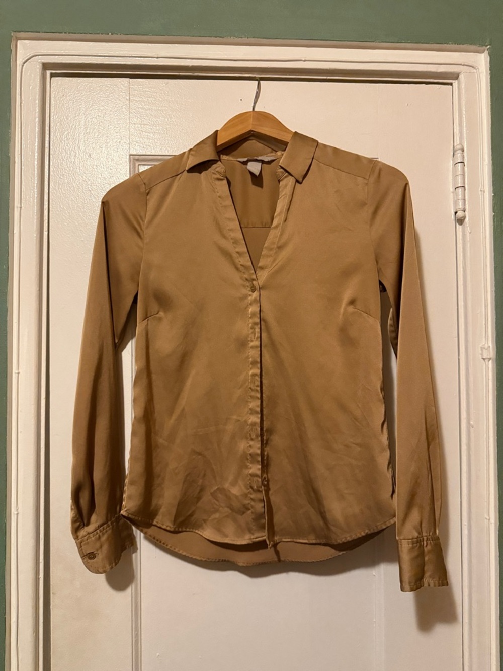 H&M Satin-Look Button Down Blouse in Tan